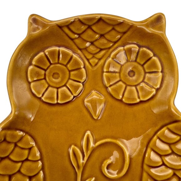 Dutch Wax Ceramic Owl Decorative Plate Handpainted Boho Kitchen Harvest Gold 8" - Picture 2 of 10